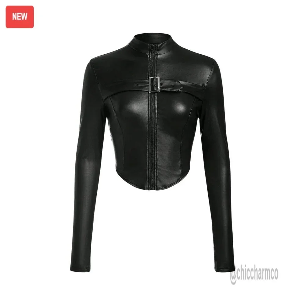 Leather Cropped Jacket Zip Up Outerwear Long Sleeve Stand Collar - Picture 1 of 6